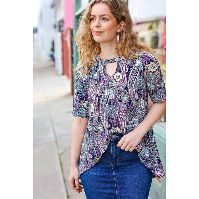 Navy Floral Paisley Front Keyhole Tunic Top