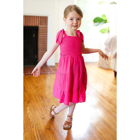 Darling Pink Crepe Tiered Smocked Shoulder Tie Dress