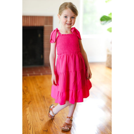 Darling Pink Crepe Tiered Smocked Shoulder Tie Dress