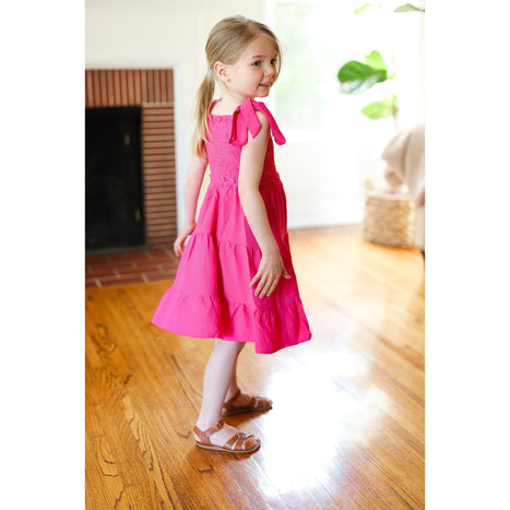 Darling Pink Crepe Tiered Smocked Shoulder Tie Dress