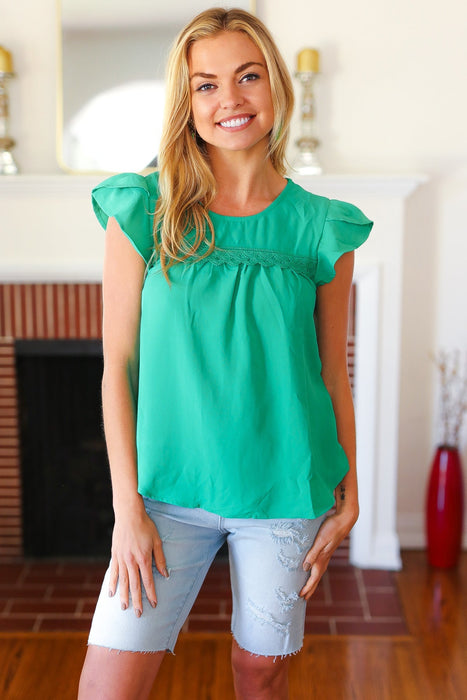 All For You Scallop Lace Yoke Tulip Sleeve Top in Green