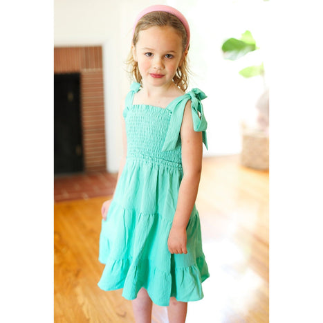 Darling Lime Crepe Tiered Smocked Shoulder Tie Dress