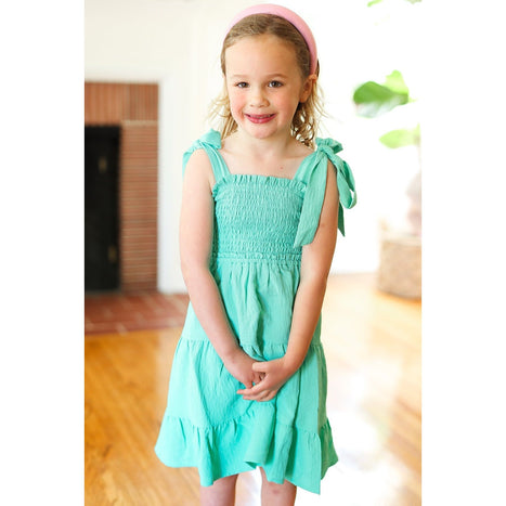 Darling Lime Crepe Tiered Smocked Shoulder Tie Dress