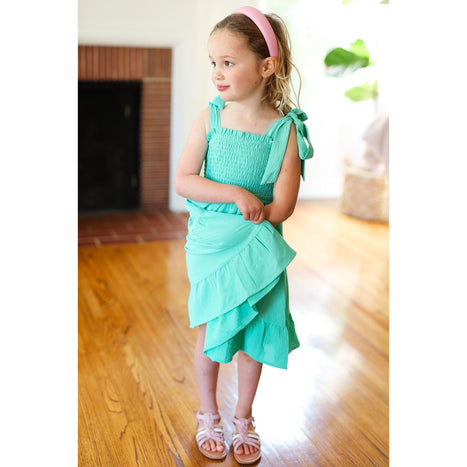 Darling Lime Crepe Tiered Smocked Shoulder Tie Dress