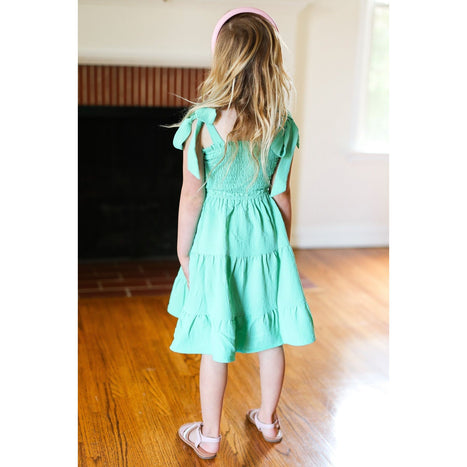 Darling Lime Crepe Tiered Smocked Shoulder Tie Dress