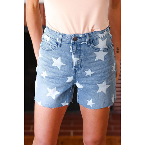 Light Wash Star Print High Rise Denim Shorts