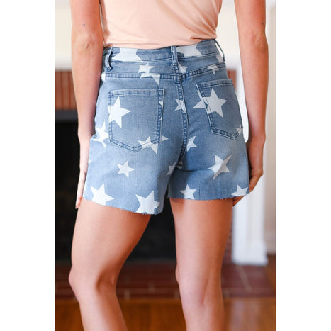 Light Wash Star Print High Rise Denim Shorts