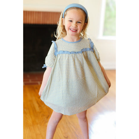 Charming Blue Gingham Elastic Tie Sleeve Dress