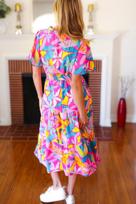 Tropical Trance Fuchsia Floral Smocked Waist Maxi Dress