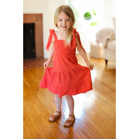 Darling Paprika Crepe Tiered Smocked Shoulder Tie Dress