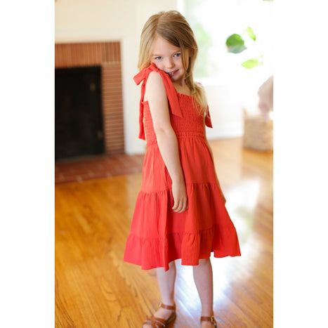 Darling Paprika Crepe Tiered Smocked Shoulder Tie Dress