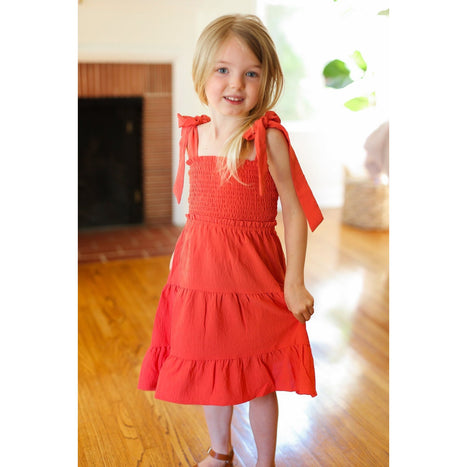 Darling Paprika Crepe Tiered Smocked Shoulder Tie Dress