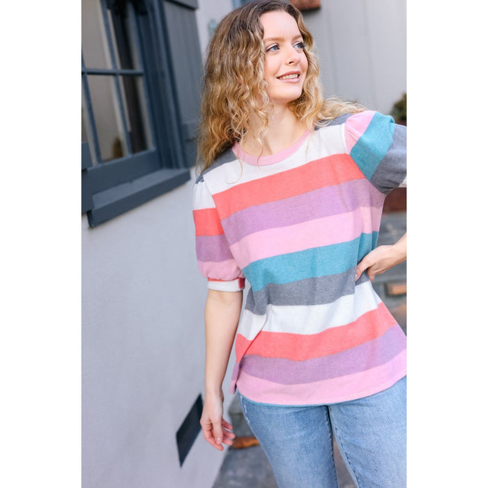 Look Out Teal & Rose Striped Hacci Knit Puff Sleeve Top