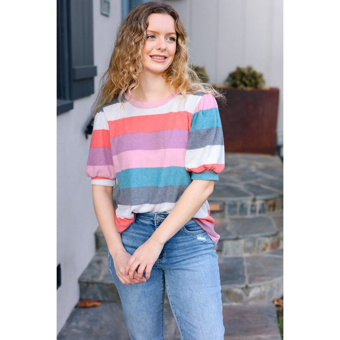 Look Out Teal & Rose Striped Hacci Knit Puff Sleeve Top