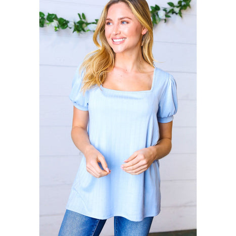 Light Blue Wide Rib Puff Sleeve Top