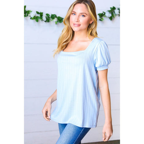 Light Blue Wide Rib Puff Sleeve Top