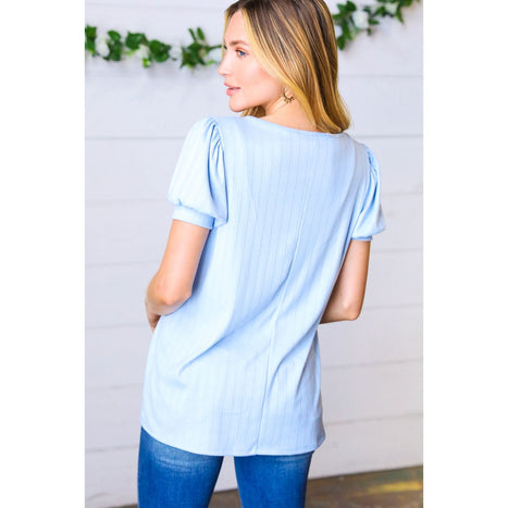 Light Blue Wide Rib Puff Sleeve Top