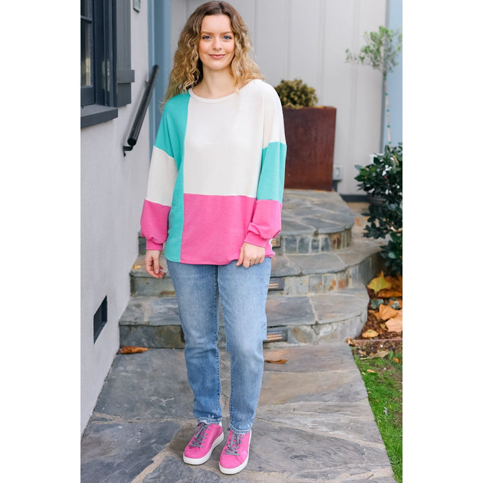 The Slouchy Mint & Pink Drop Shoulder Terry Color Block Top