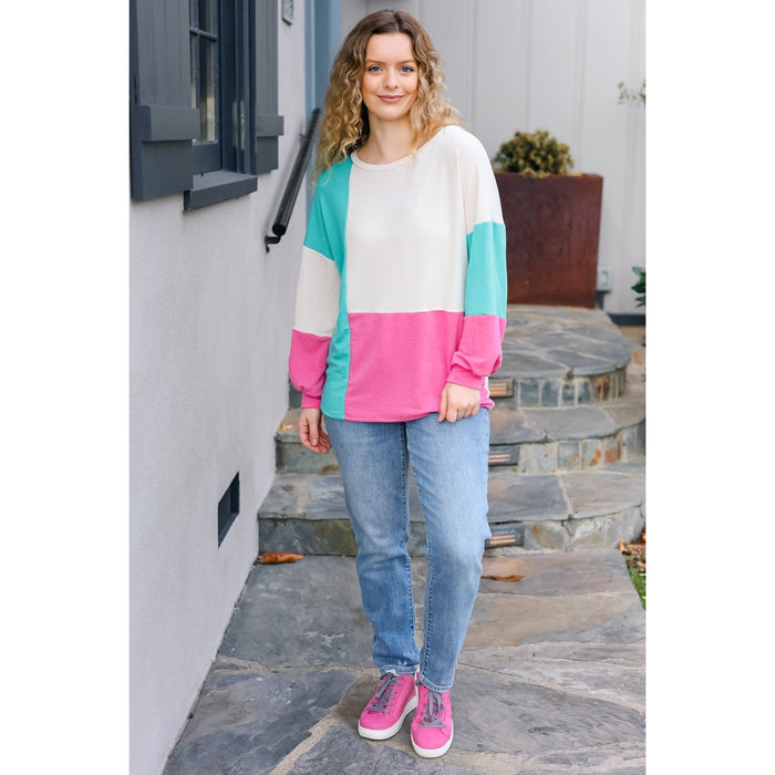 The Slouchy Mint & Pink Drop Shoulder Terry Color Block Top