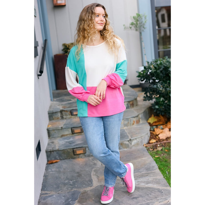 The Slouchy Mint & Pink Drop Shoulder Terry Color Block Top