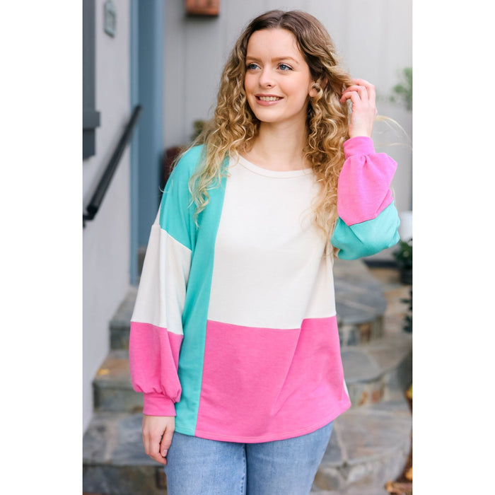 The Slouchy Mint & Pink Drop Shoulder Terry Color Block Top