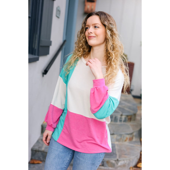 The Slouchy Mint & Pink Drop Shoulder Terry Color Block Top