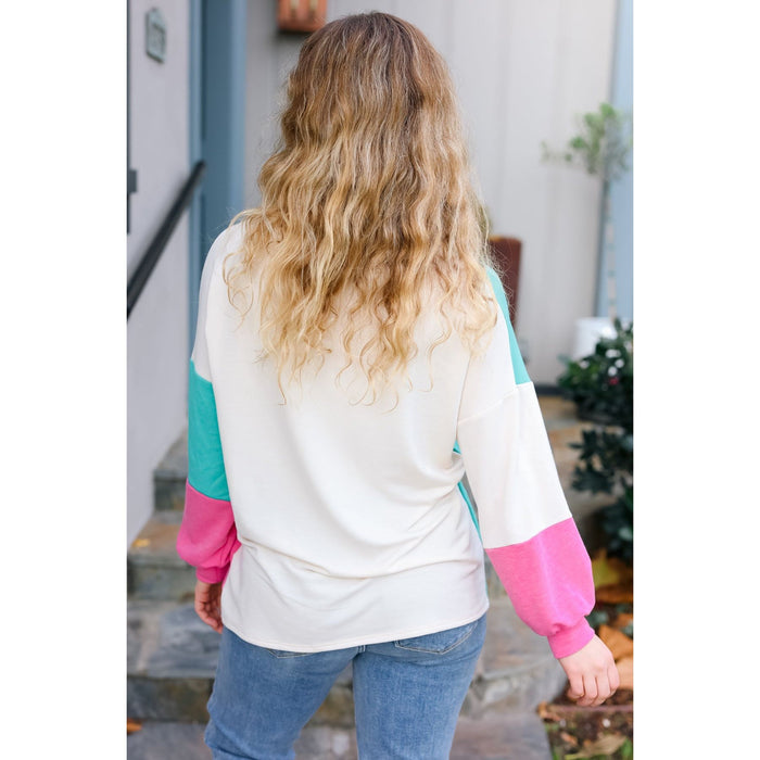 The Slouchy Mint & Pink Drop Shoulder Terry Color Block Top