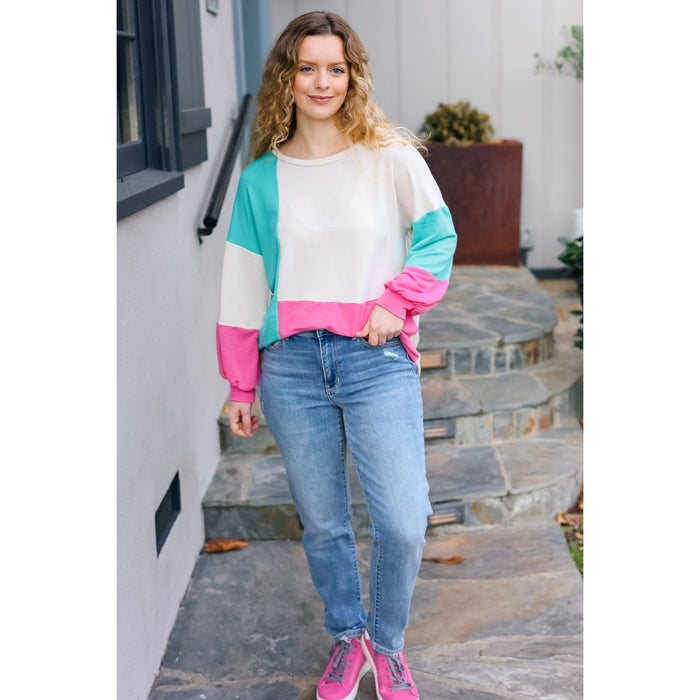 The Slouchy Mint & Pink Drop Shoulder Terry Color Block Top