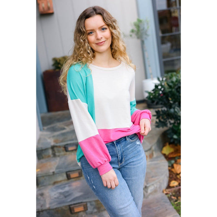 The Slouchy Mint & Pink Drop Shoulder Terry Color Block Top