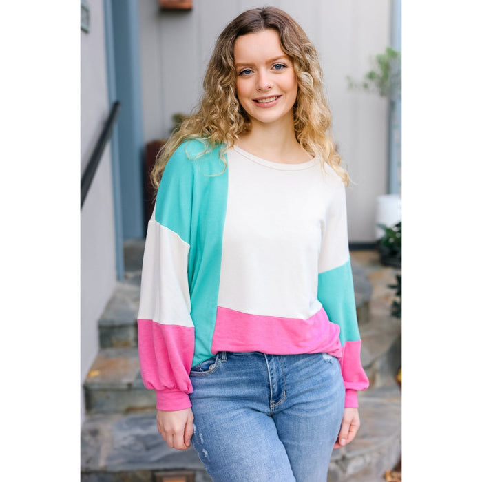 The Slouchy Mint & Pink Drop Shoulder Terry Color Block Top