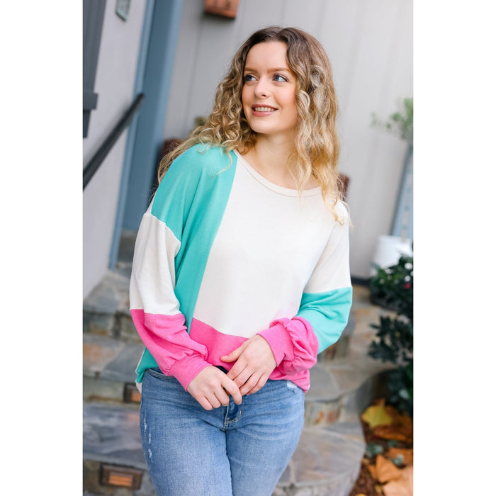 The Slouchy Mint & Pink Drop Shoulder Terry Color Block Top