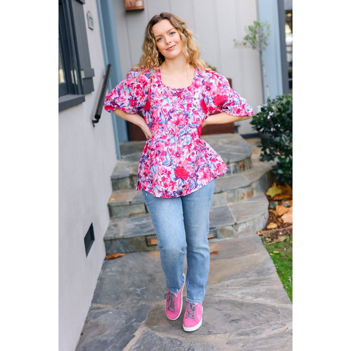 Feeling Femmi Pink & Fuchsia Floral Peplum Woven Top