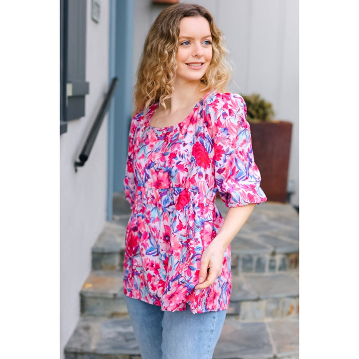 Feeling Femmi Pink & Fuchsia Floral Peplum Woven Top