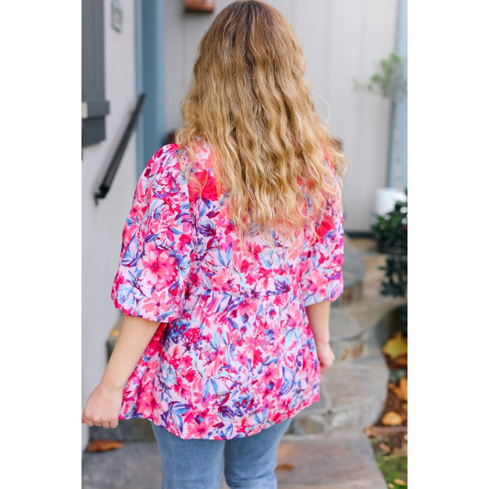 Feeling Femmi Pink & Fuchsia Floral Peplum Woven Top