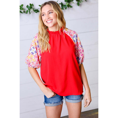 Cardinal Red Frilled Mock Neck Floral Puff Sleeve Top