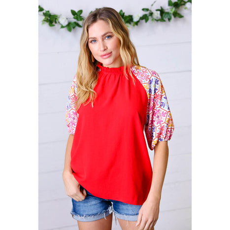 Cardinal Red Frilled Mock Neck Floral Puff Sleeve Top