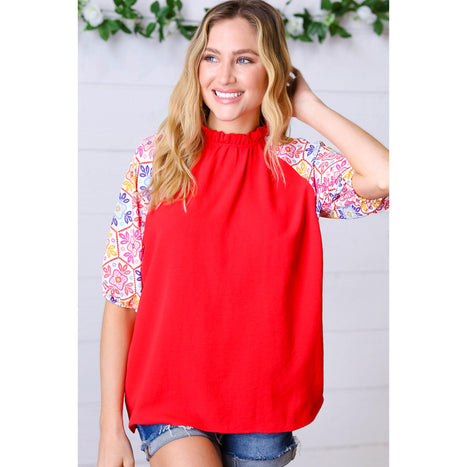 Cardinal Red Frilled Mock Neck Floral Puff Sleeve Top