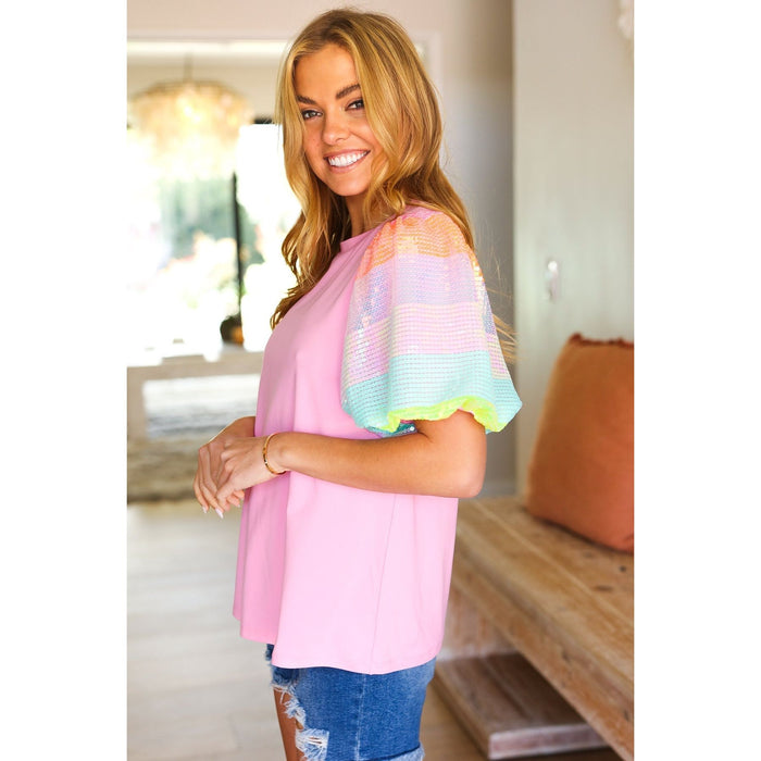 Stand Out Pink Rainbow Sequin Puff Sleeve Top