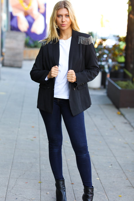 Black Shoulder Tassel Fringe Blazer