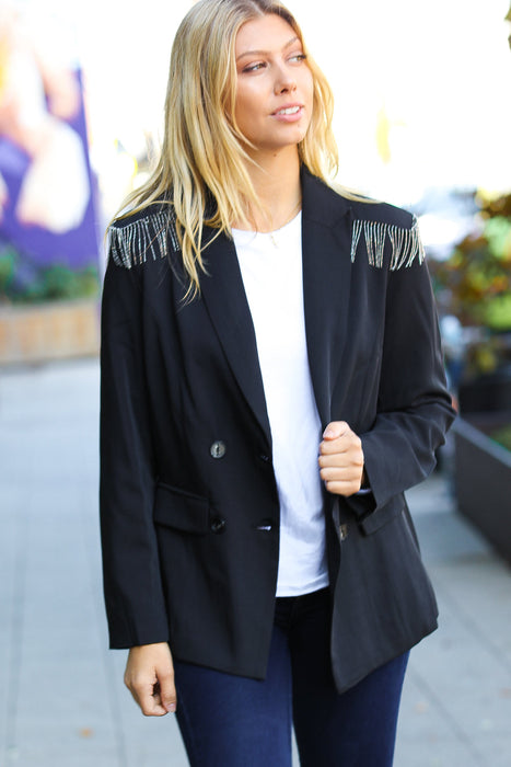 Black Shoulder Tassel Fringe Blazer