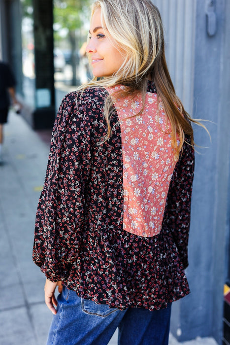 Black Floral Beaded Tie Peasant Woven Blouse