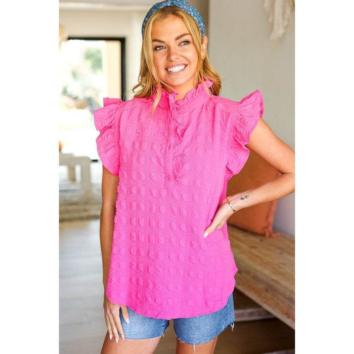 Hot Pink Textured Ruffle Mock Neck Button Down Top