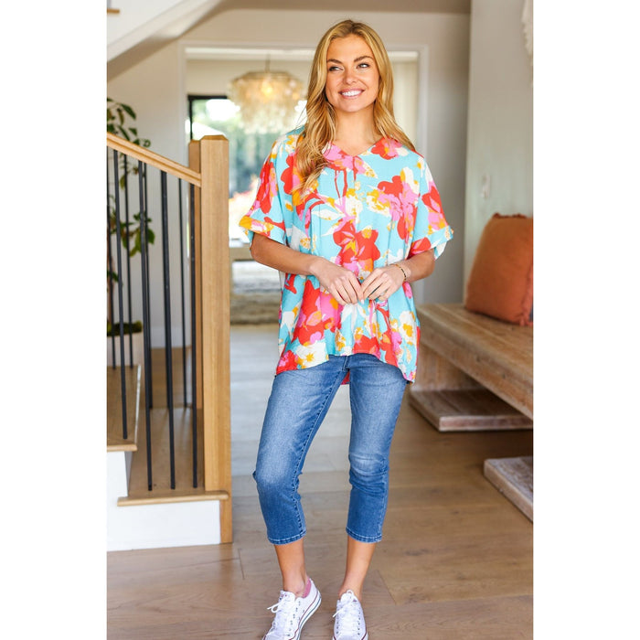 Aqua & Coral Floral V Neck Woven Top