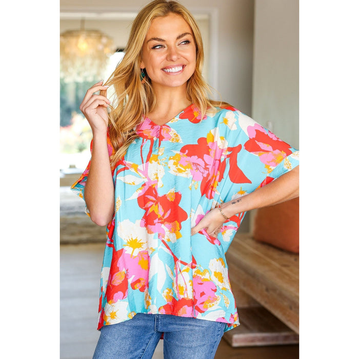 Aqua & Coral Floral V Neck Woven Top