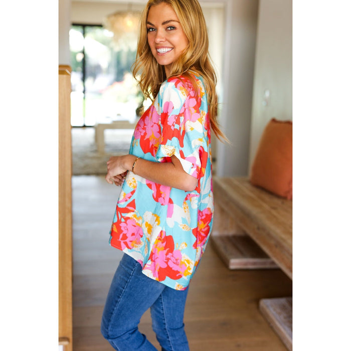 Aqua & Coral Floral V Neck Woven Top