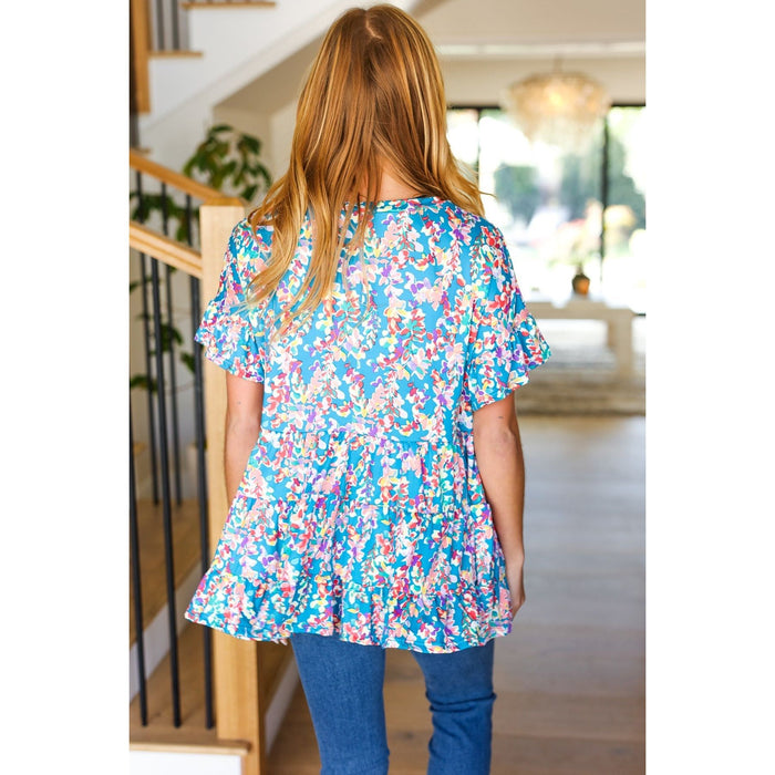 Blue Floral Ruffle Hem Tiered Top