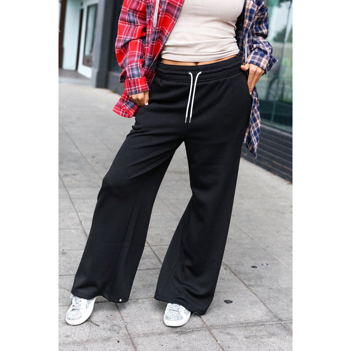 Black Scuba Knit Drawstring Wide Leg Pants