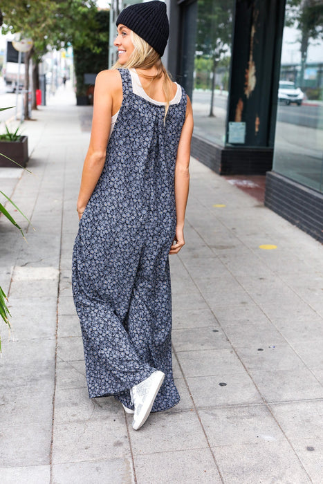 Charcoal Floral Print Baggy Overall Jumpsuit