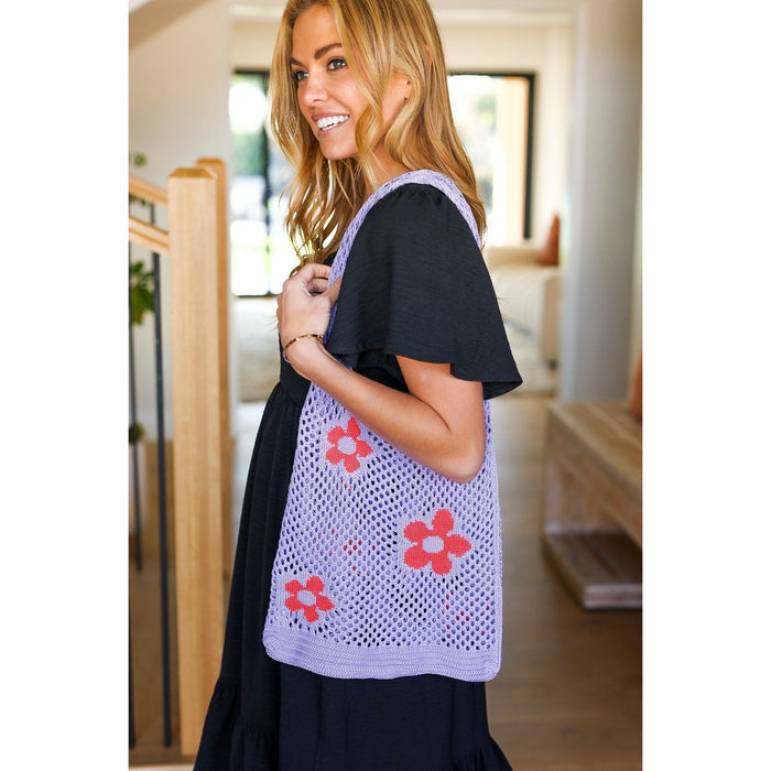 Lavender & Orange Floral Crochet Tote Bag