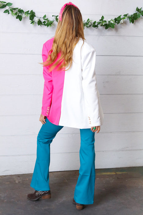 Haptics Fuchsia & Cream Silky Half & Half Buttoned Blazer